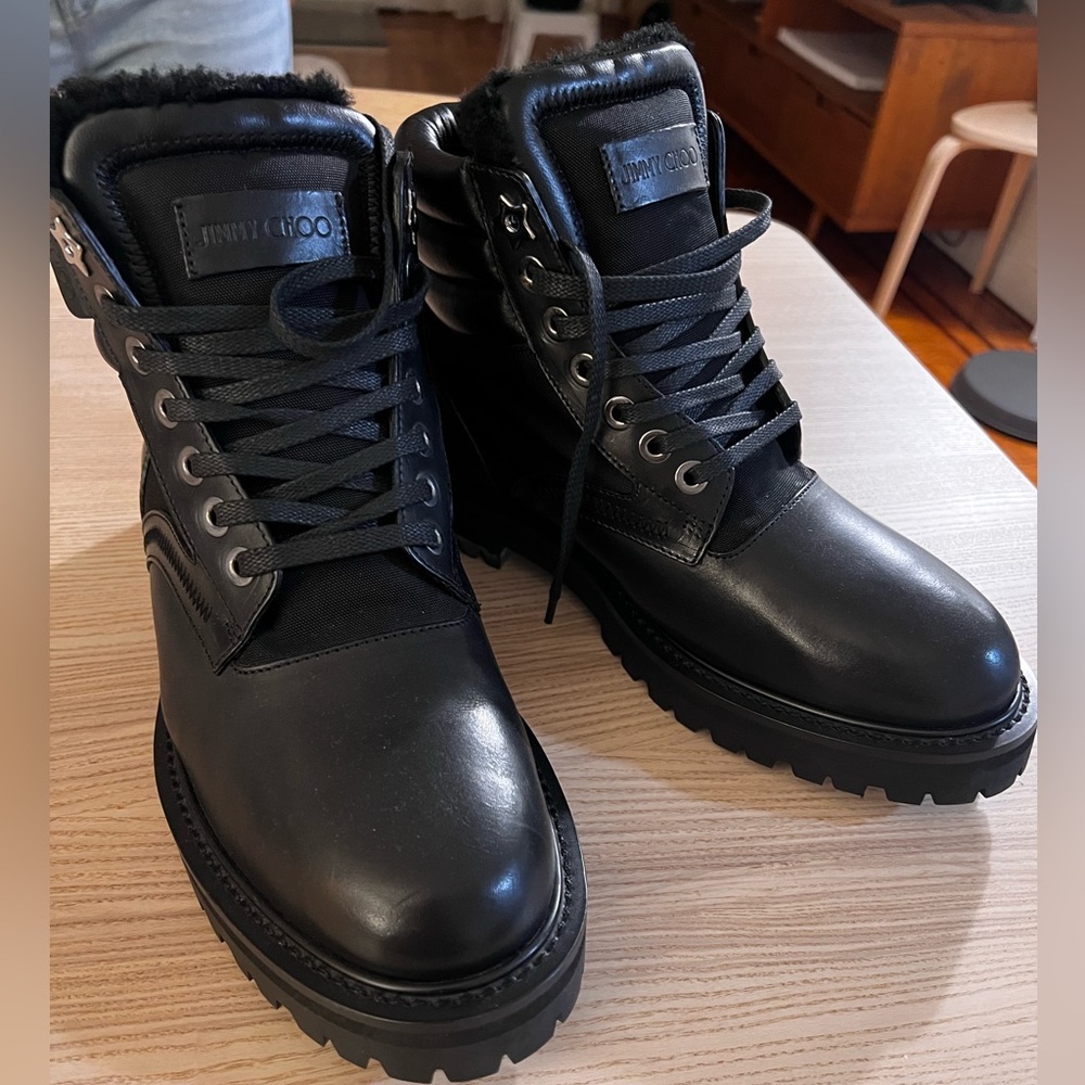 Jimmy Choo Odin Shiny Vandetta Boots with Canvas Panels and Shearling Collar